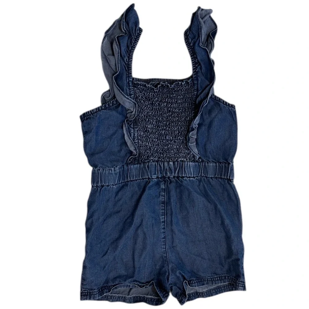Vintage OshKosh B'gosh Toddler Girl Blue Denim Sleeveless Ruffle Smocked Romper